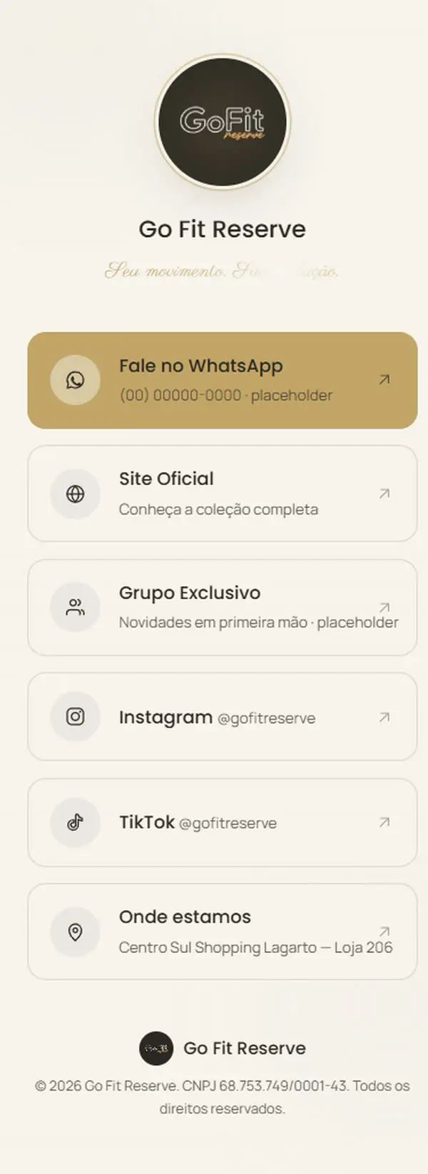 Página de links da Go Fit Reserve no celular
