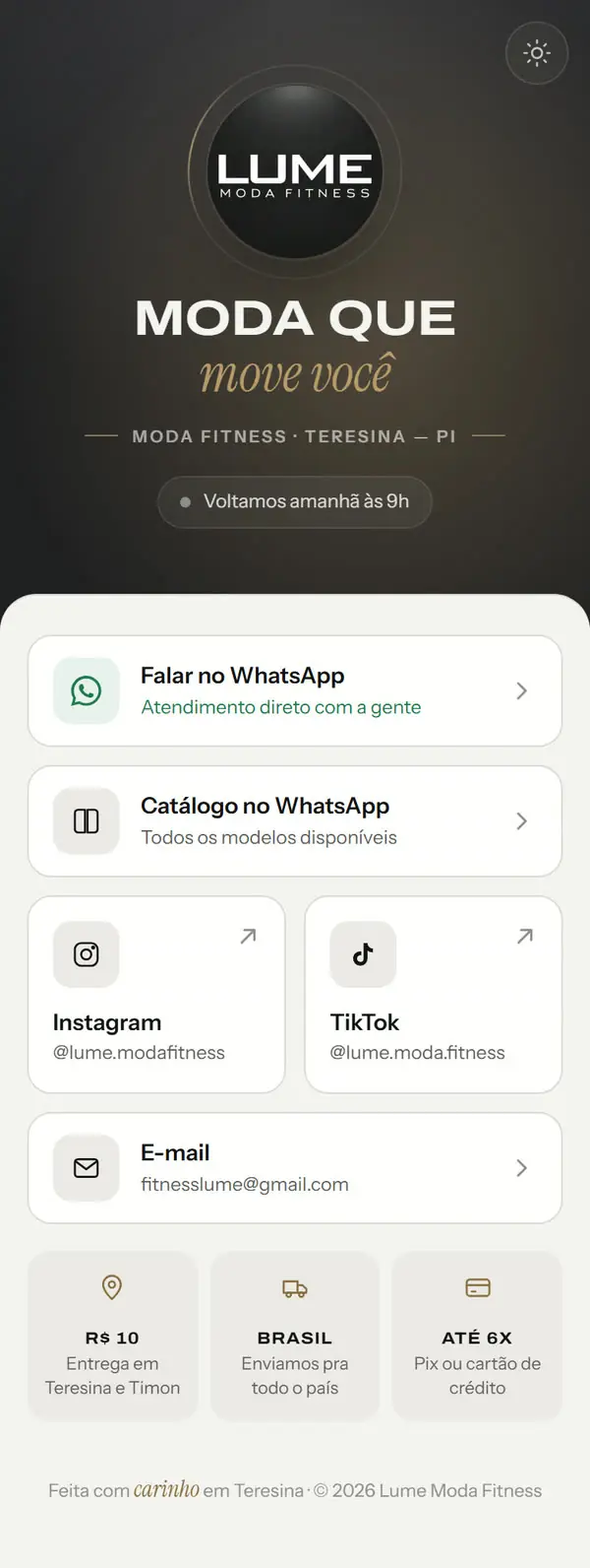 Página de links da Lume Moda Fitness no celular