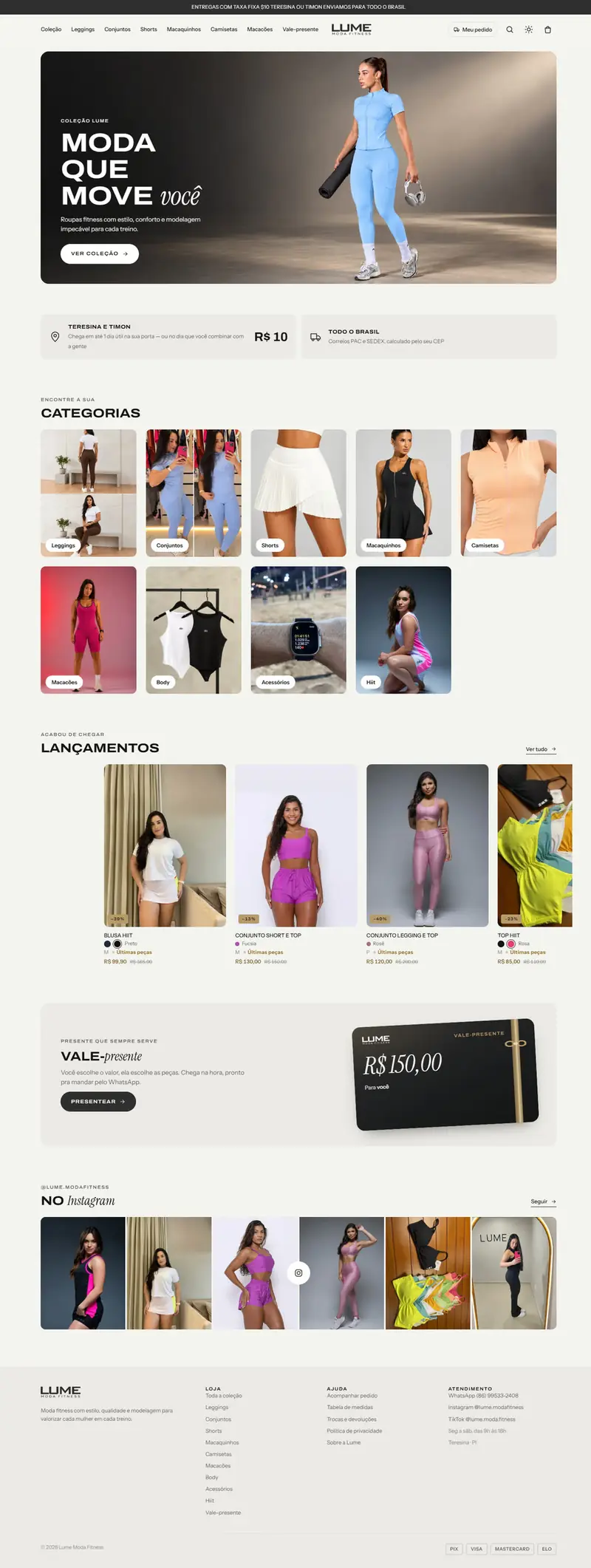 Site da Lume Moda Fitness rolando no computador