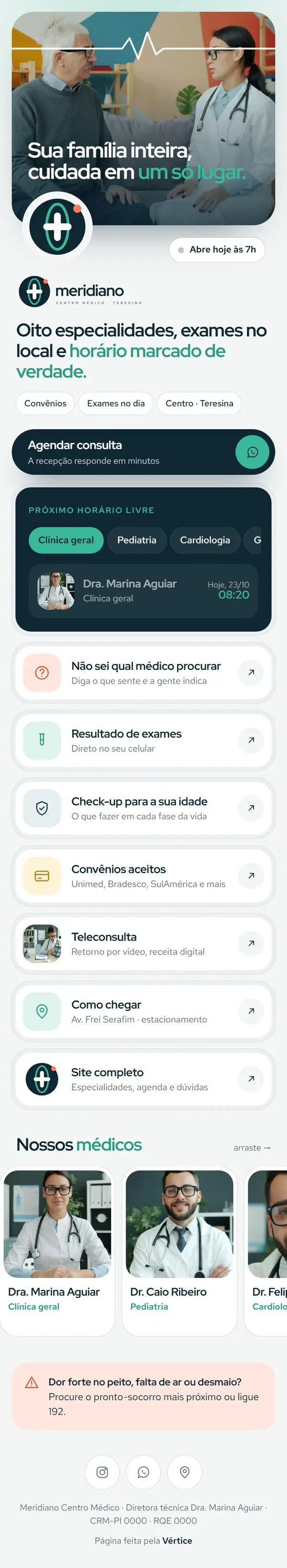 Página de links da Meridiano Centro Médico no celular