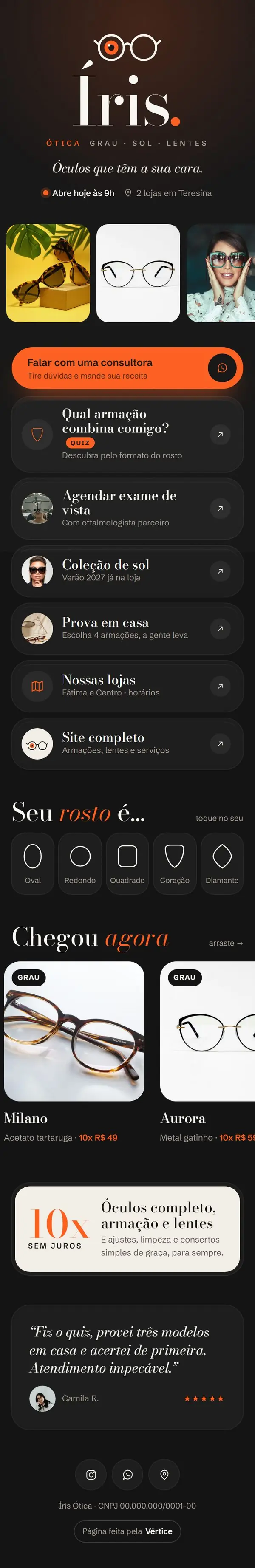 Página de links da Íris Ótica no celular