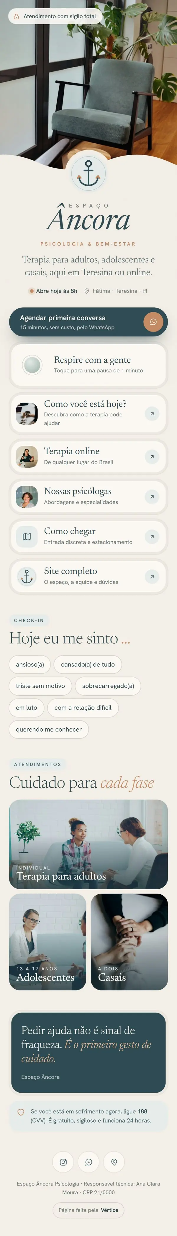 Página de links da Espaço Âncora no celular